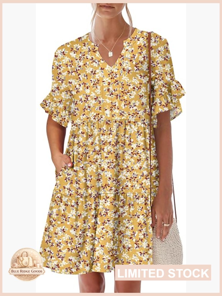 V-Neck Ruffle Sleeve Tiered Mini Dress With Pockets Casual Soft Comfy Fit